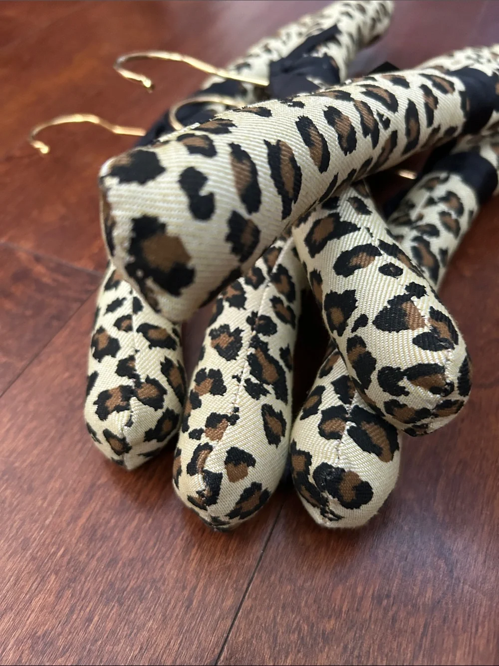 Animal Leopard Print Padded Hangers with Black Bows and Gold Hardware, Set of 5